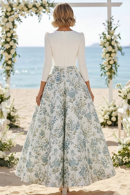 V-Neck 3/4 Sleeve A-Line Flowers Floral Print Ankle-Length Evening Dress