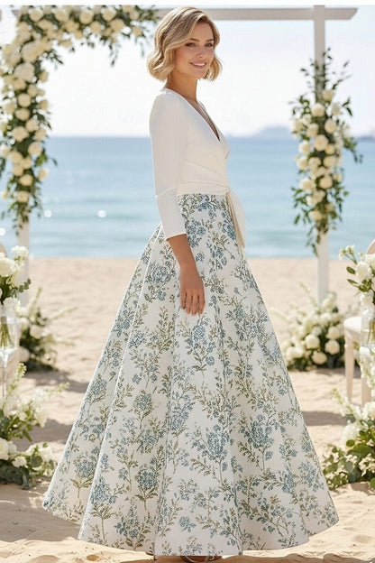 V-Neck 3/4 Sleeve A-Line Flowers Floral Print Ankle-Length Evening Dress