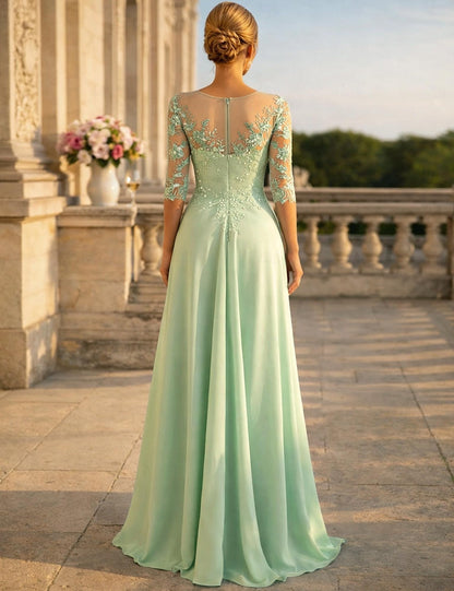 Green Lace 3/4 Sleeve Applique A-Line Evening Dress