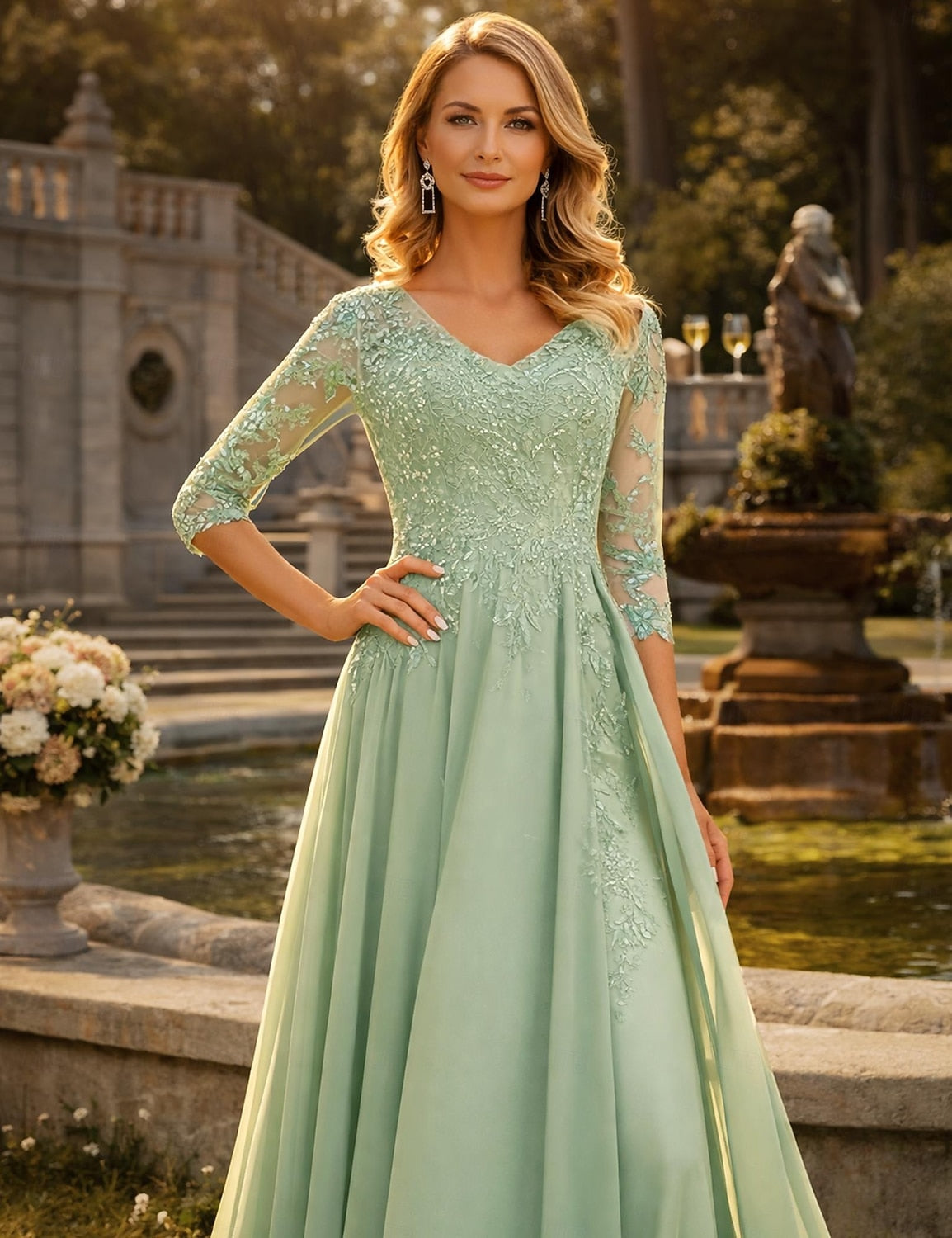Green Lace 3/4 Sleeve Applique A-Line Evening Dress