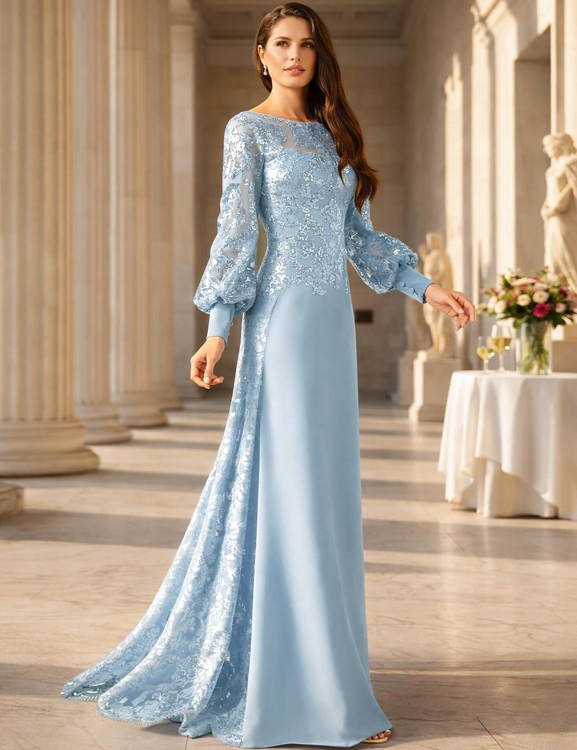 Blue Long Sleeve Lace Applique Backless Mermaid Evening Dress