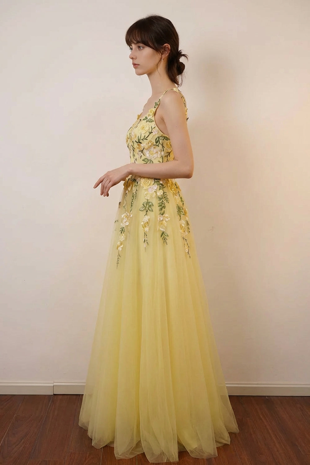 A-Line Flower Embroidery Light Yellow Prom Dress Formal Gown