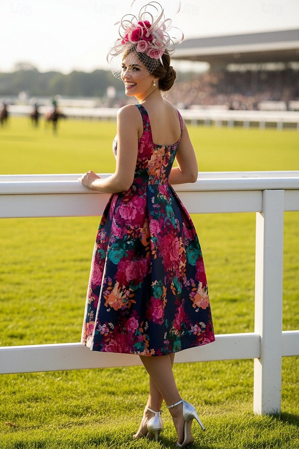 Square Neck Sleeveless Flowers Floral Print A-Line Tea-Length Evening Dress