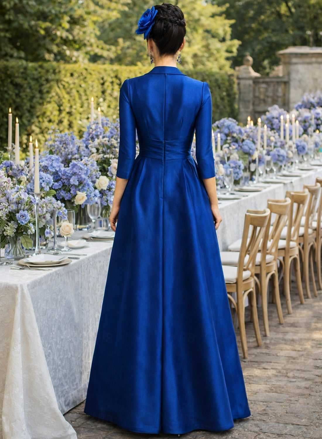 Flowers V-Neck Long Sleeve A-Line Side Slit Evening Dress