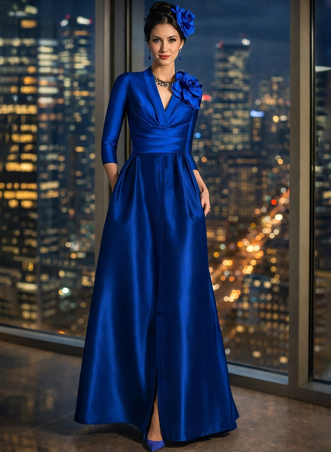 Flowers V-Neck Long Sleeve A-Line Side Slit Evening Dress