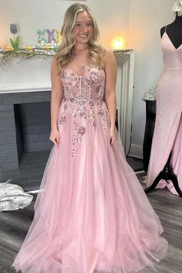 A-Line One Shoulder Appliques Tulle Pink Long Prom Dress