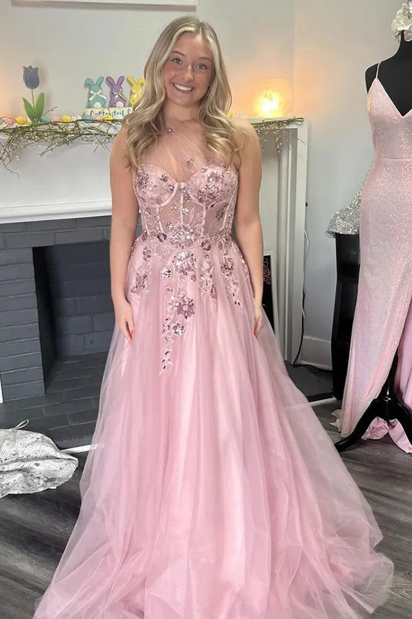 A-Line One Shoulder Appliques Tulle Pink Long Prom Dress