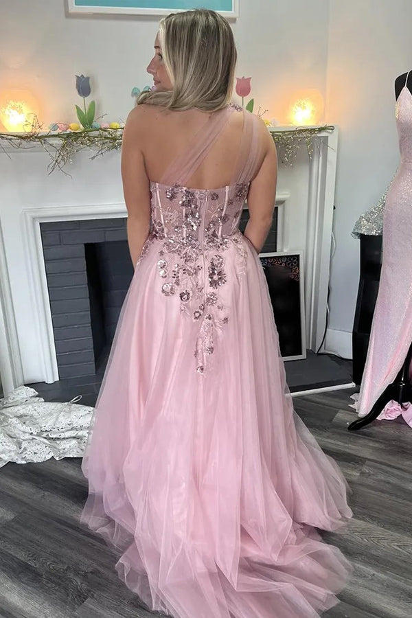 A-Line One Shoulder Appliques Tulle Pink Long Prom Dress