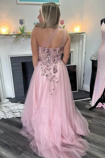 A-Line One Shoulder Appliques Tulle Pink Long Prom Dress