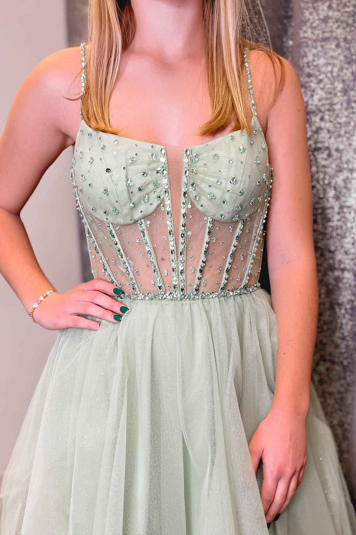 A-Line Sage Green Straps Sequin Beaded Tulle Prom Dress