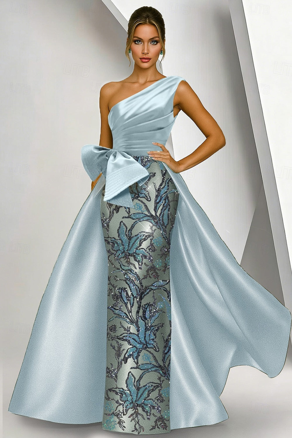 One Shoulder Sleeveless Bow Sequins Sparkle Evening Dress