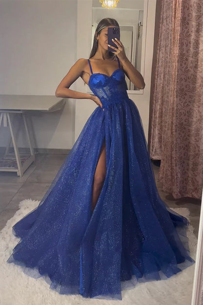 A-Line Sweetheart Neck Tulle Lace Royal Blue Long Prom Dress