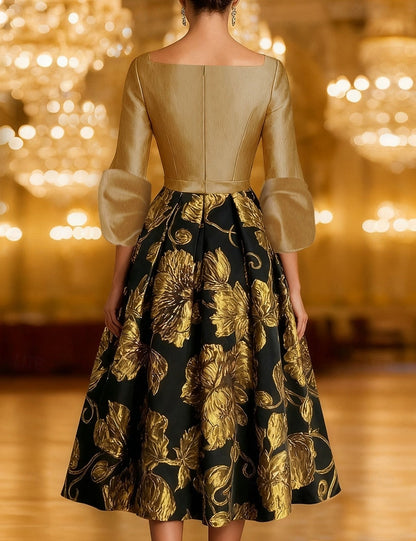 V-Neck 3/4 Sleeve A-Line Flowers Floral Print Tea-Length Evening Dress