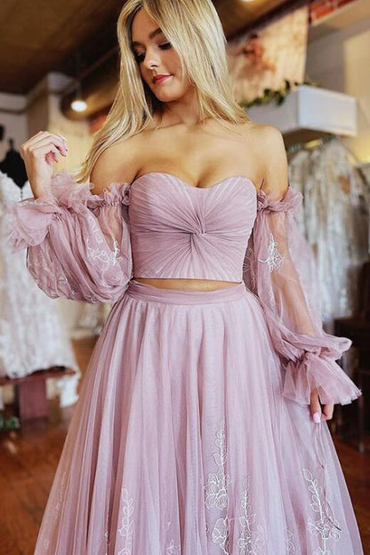 A-Line Two-Piece Dusty Pink Prom Dress with Sleeves