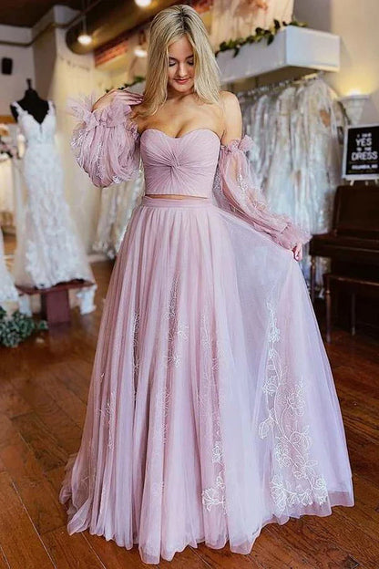 A-Line Two-Piece Dusty Pink Prom Dress with Sleeves