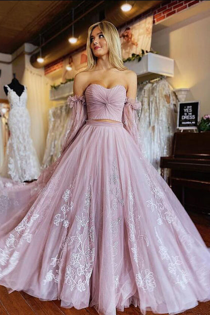 A-Line Two-Piece Dusty Pink Prom Dress with Sleeves