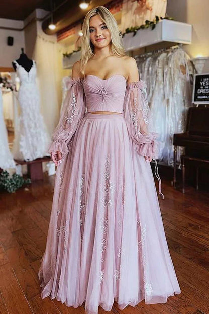 A-Line Two-Piece Dusty Pink Prom Dress with Sleeves