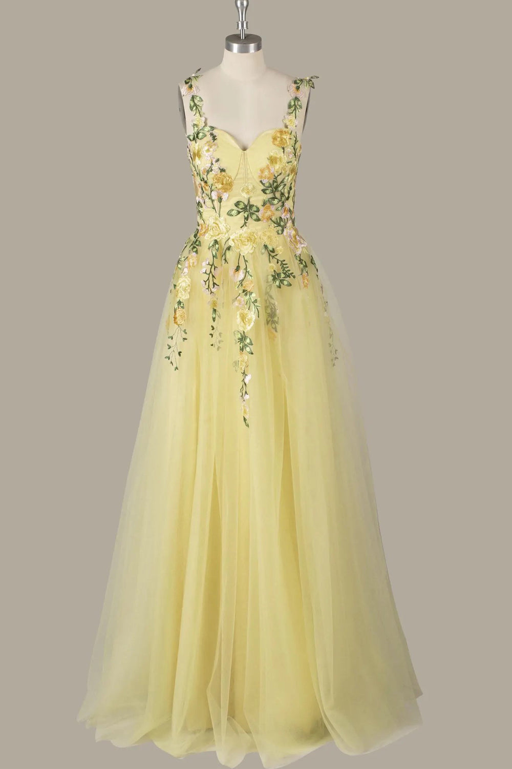 A-Line Flower Embroidery Light Yellow Prom Dress Formal Gown