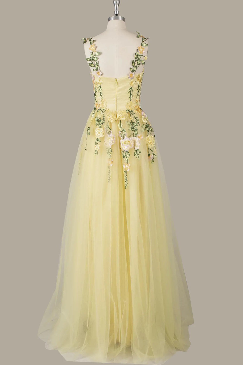 A-Line Flower Embroidery Light Yellow Prom Dress Formal Gown