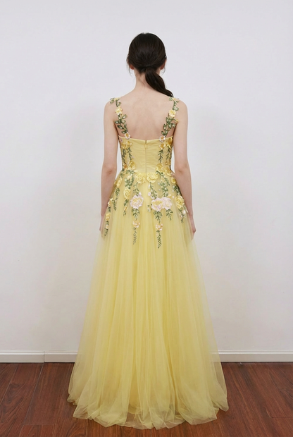 A-Line Flower Embroidery Light Yellow Prom Dress Formal Gown