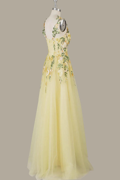 A-Line Flower Embroidery Light Yellow Prom Dress Formal Gown