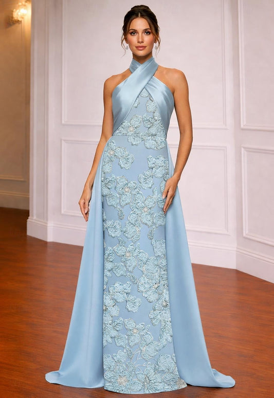 Light Blue Halter Neck Evening Dress with Detachable