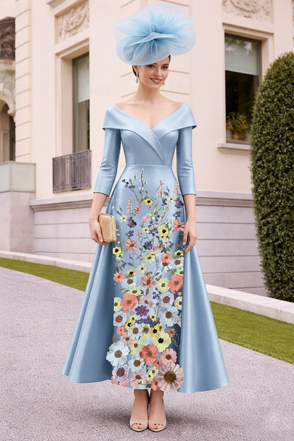 Sky Blue Off Shoulder Tea Length Dress