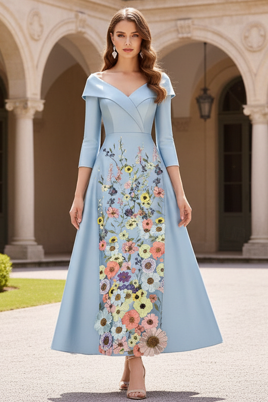 Sky Blue Off Shoulder Tea Length Dress