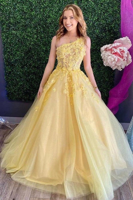 A-line One Shoulder Tulle Sleeveless Yellow Long Prom Dress