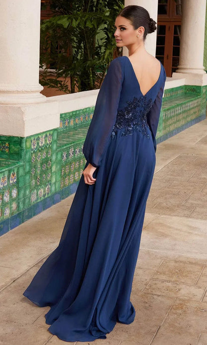 A-line V-neck long sleeved lace backless and floor length mother of the bride dress