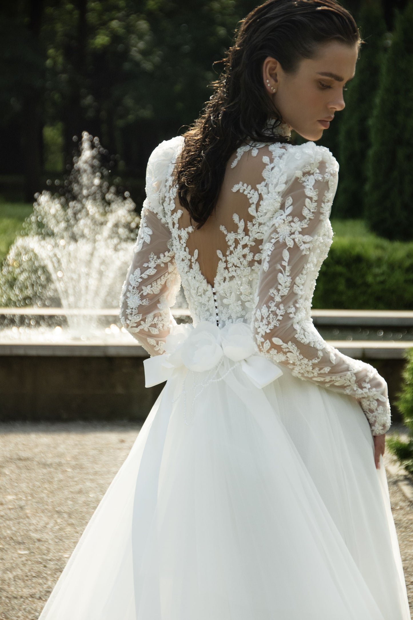 Lace and Tulle A-Line Wedding Dress with Corset and Floral Train Moire