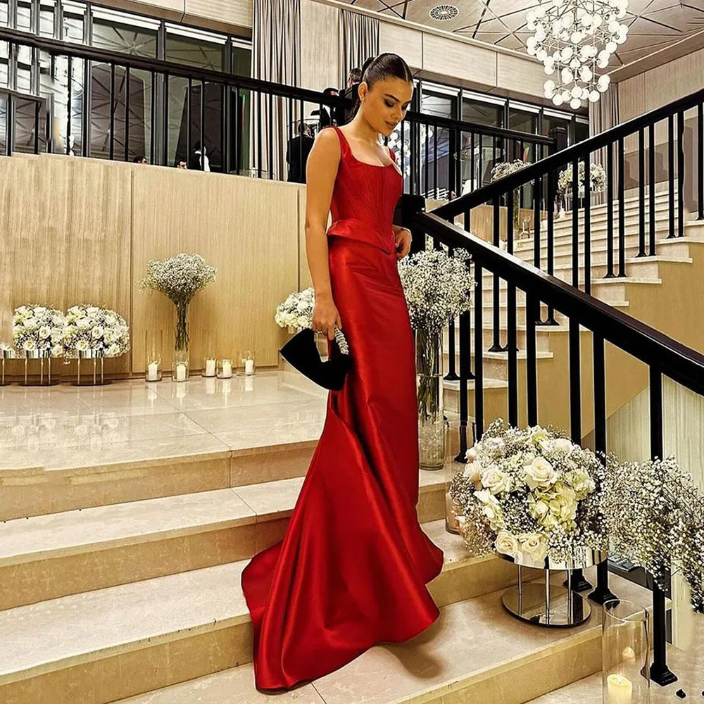 Elegant Red Prom Dress 2025 Women Pleated Customized Satin Graduation Dress Wedding Party Guest Dress Evening Dresses