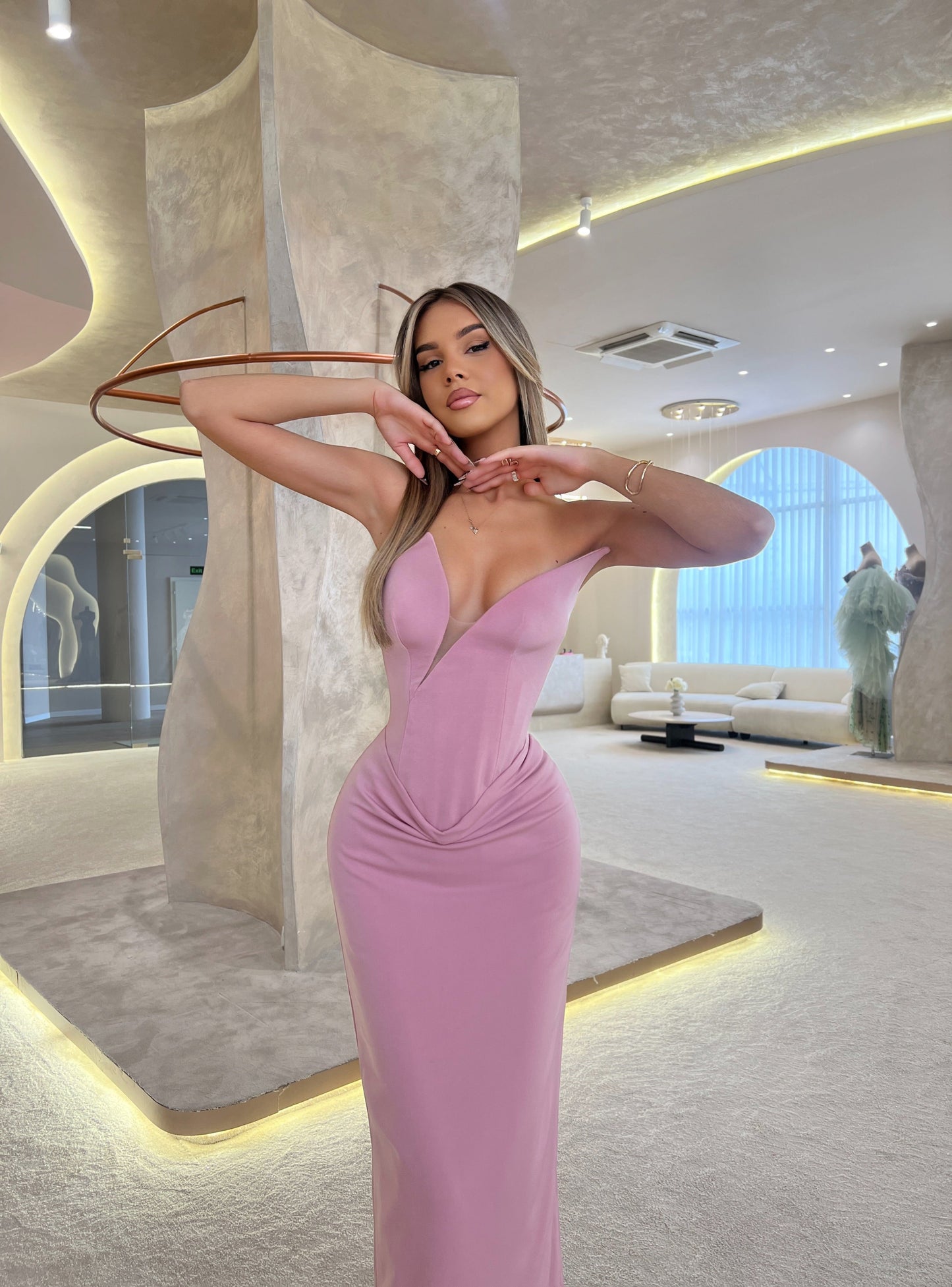 Pink Asymmetrical Neck Sleeveless Sheath Floor Length Evening Prom Dress