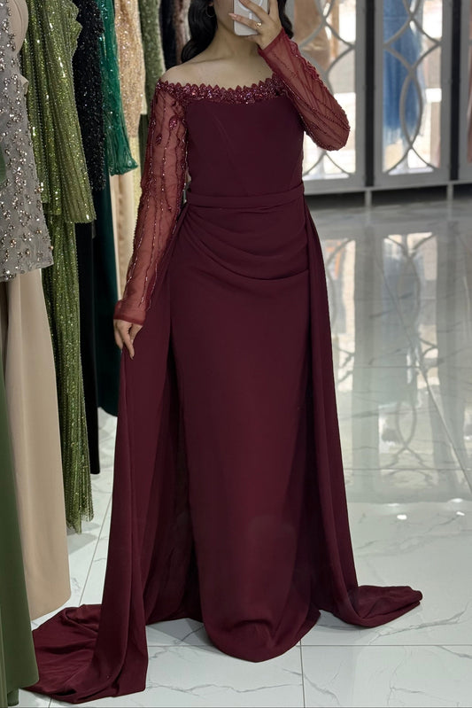 Burgundy Off Shoulder Long Sleeves Ruched Sheath Evening Gown