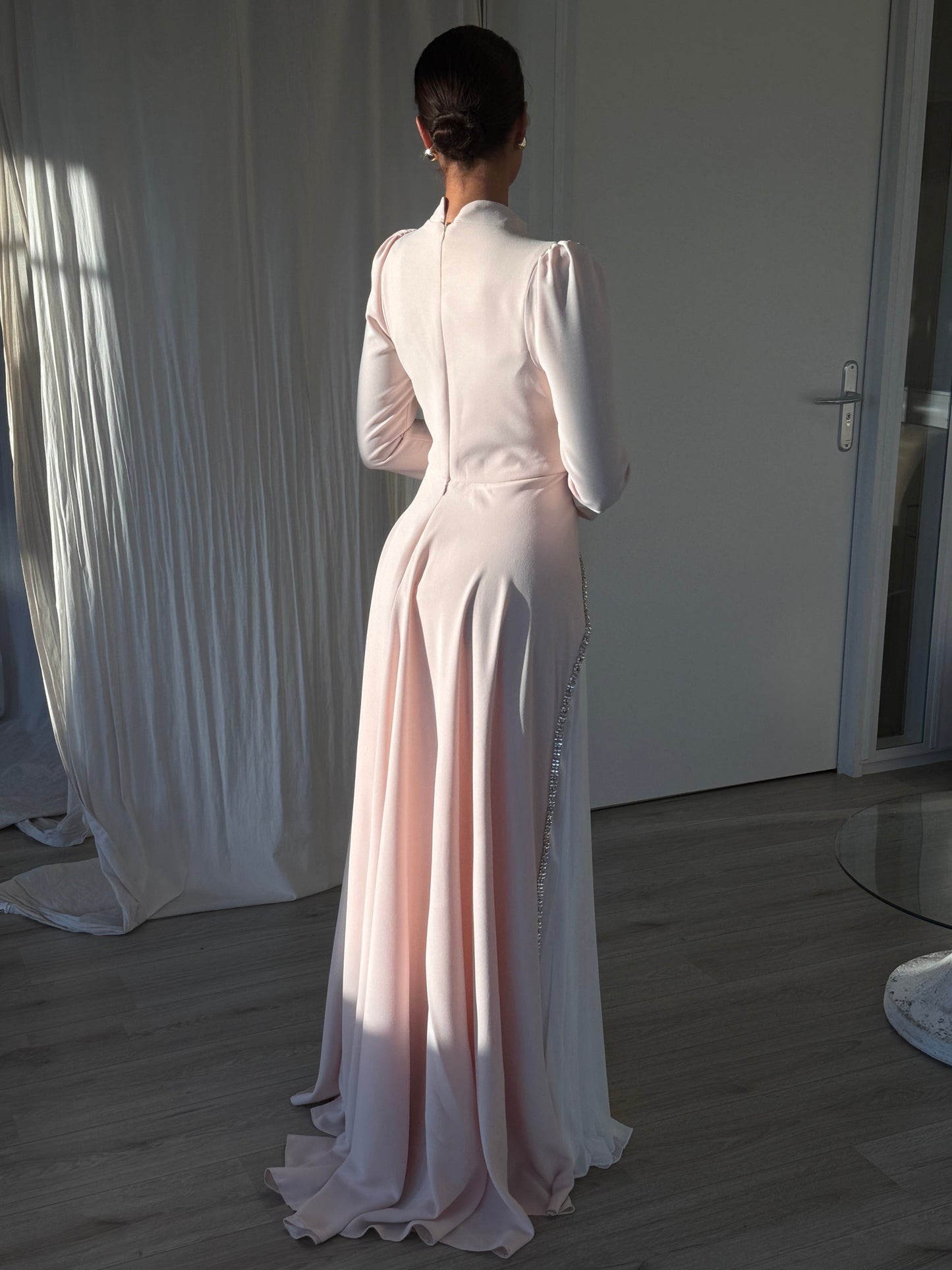 Column High Neck Long Sleeves Floor Length Back Zipper Evening Dress