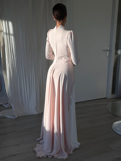 Column High Neck Long Sleeves Floor Length Back Zipper Evening Dress