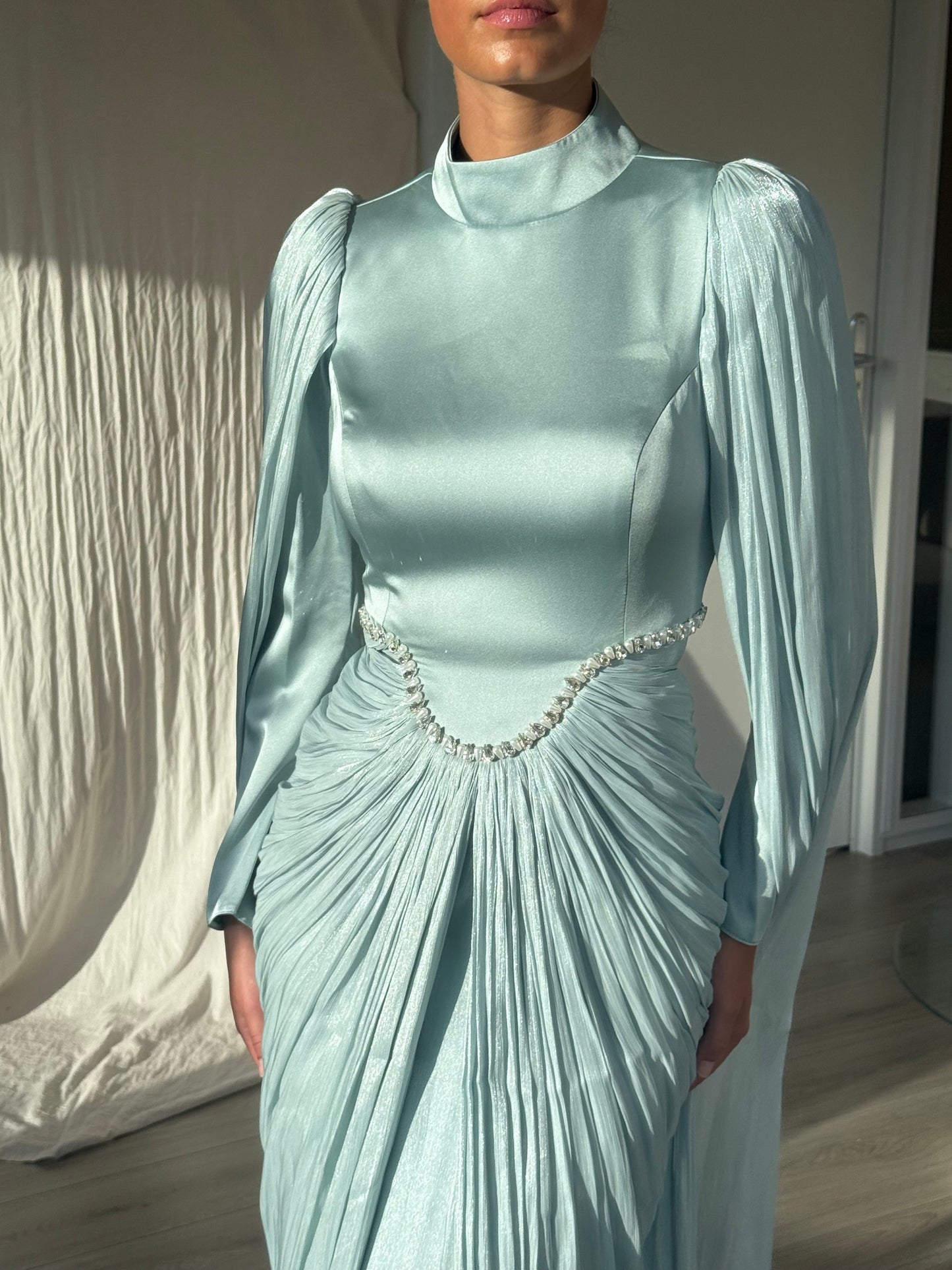 Turquoise High Neck Long Sleeves Ruched Beaded Back Zipper Evening Dress