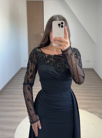 Dark Navy Long Sleeves Scoop Appliques Evening Dress