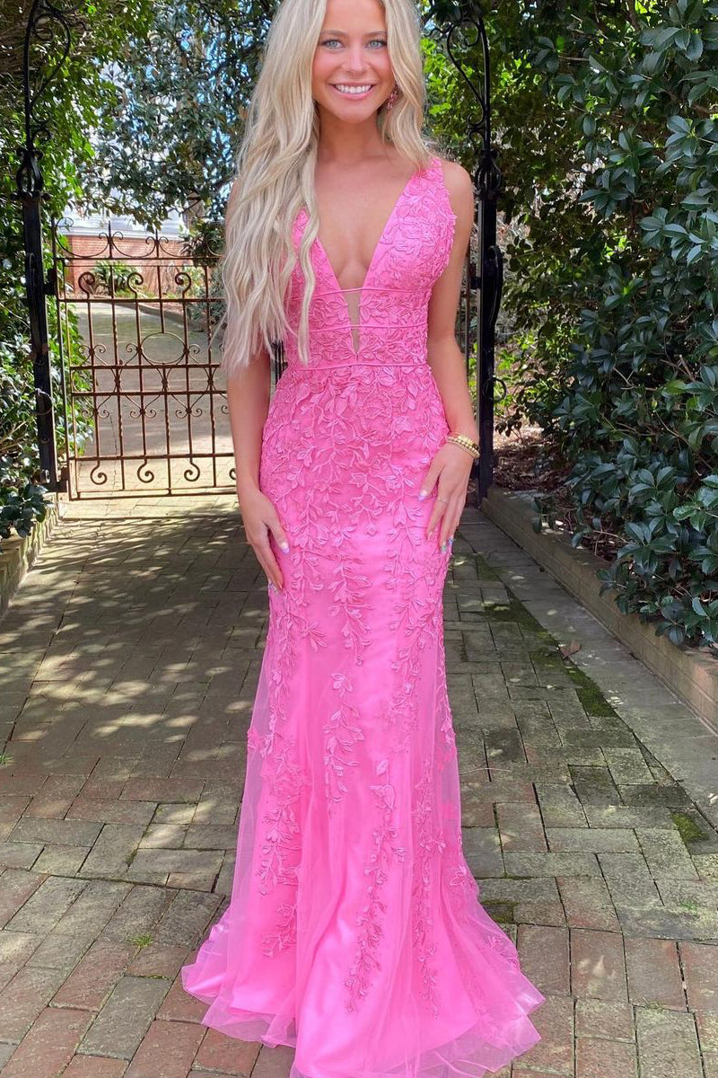 Charming Mermaid V Neck Hot Pink Lace Long Prom Dress