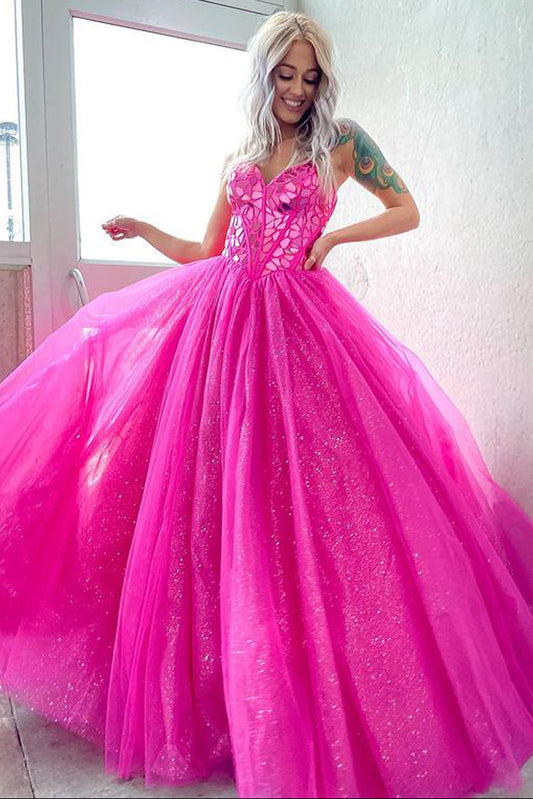 Cute Sparkly Sweetheart Hot Pink Prom Dresses with Beaded