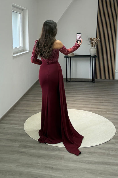 Long Sleeves Off-Shoulder Empire-Waist Evening Dress