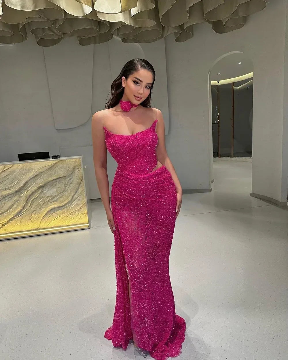 Strapless Sexy Special Slit Dress Sequins Hot Pink Party Gowns