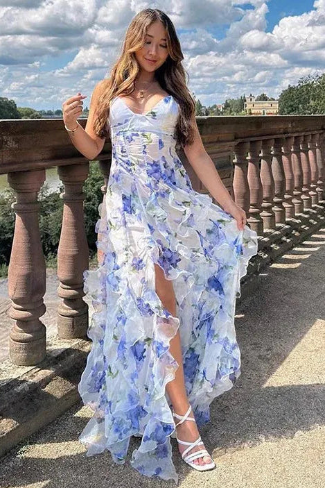 Spaghetti Straps Long Backless Blue Floral Party Gowns