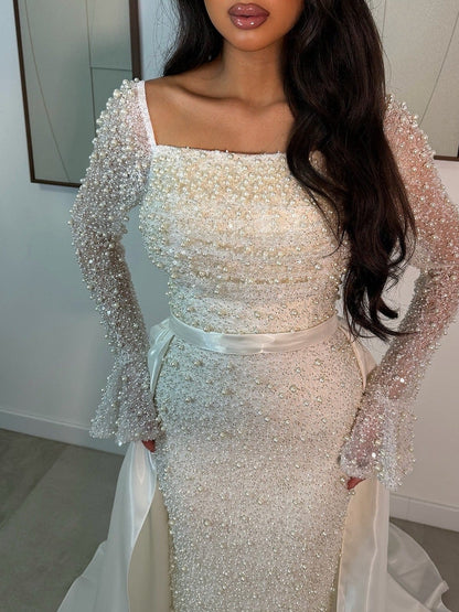 Off White Square Neck Bell Sleeves Beading Formal Gown with Train