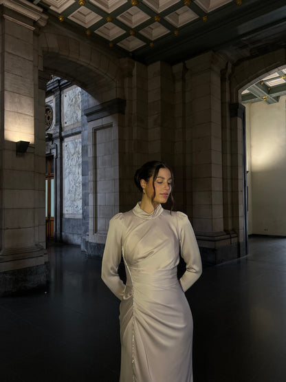 Beige Sheath High Neck Long Sleeves Ruched Floor Length Evenng Formal Dress