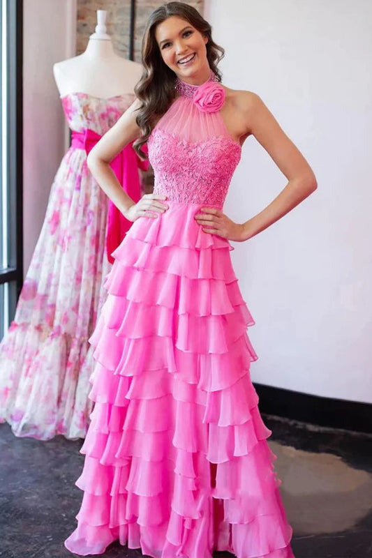 A Line Halter Neck Beaded Lace Long Pink Prom Dress