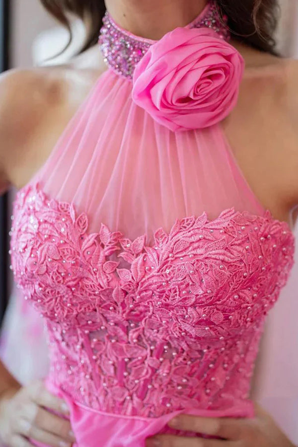 A Line Halter Neck Beaded Lace Long Pink Prom Dress