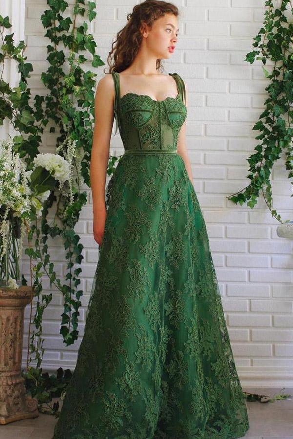 A Line Spaghetti Straps Dark Green Prom Dress Formal Dress