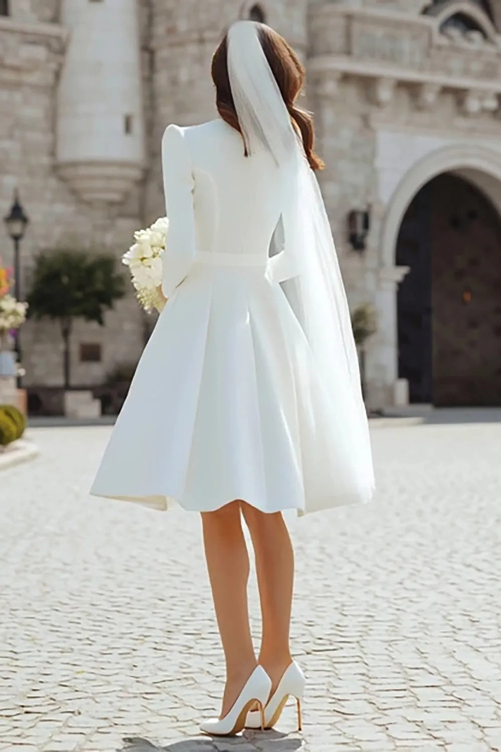 A Line Long Sleeve Wedding Dress Crew Neck Satin Tea Length Bridal Gown
