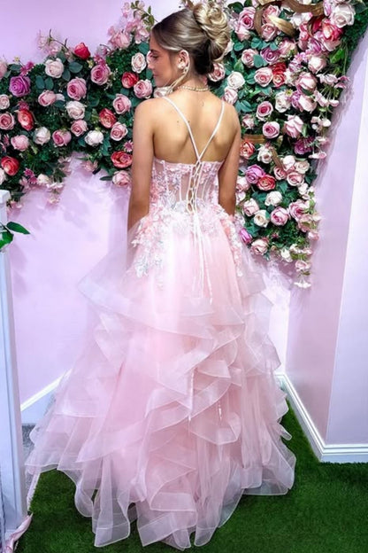A-Line Sweetheart Spaghetti Straps Sleeveless Applique Tulle Pleated Tiered Prom Dress